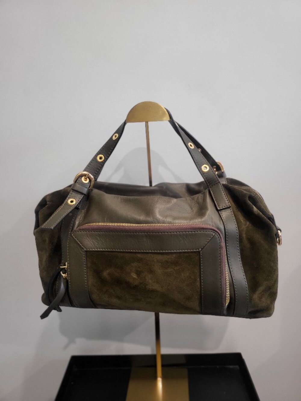 A. Bellucci Olive green leather and suede convertible satchel/shoulder bag